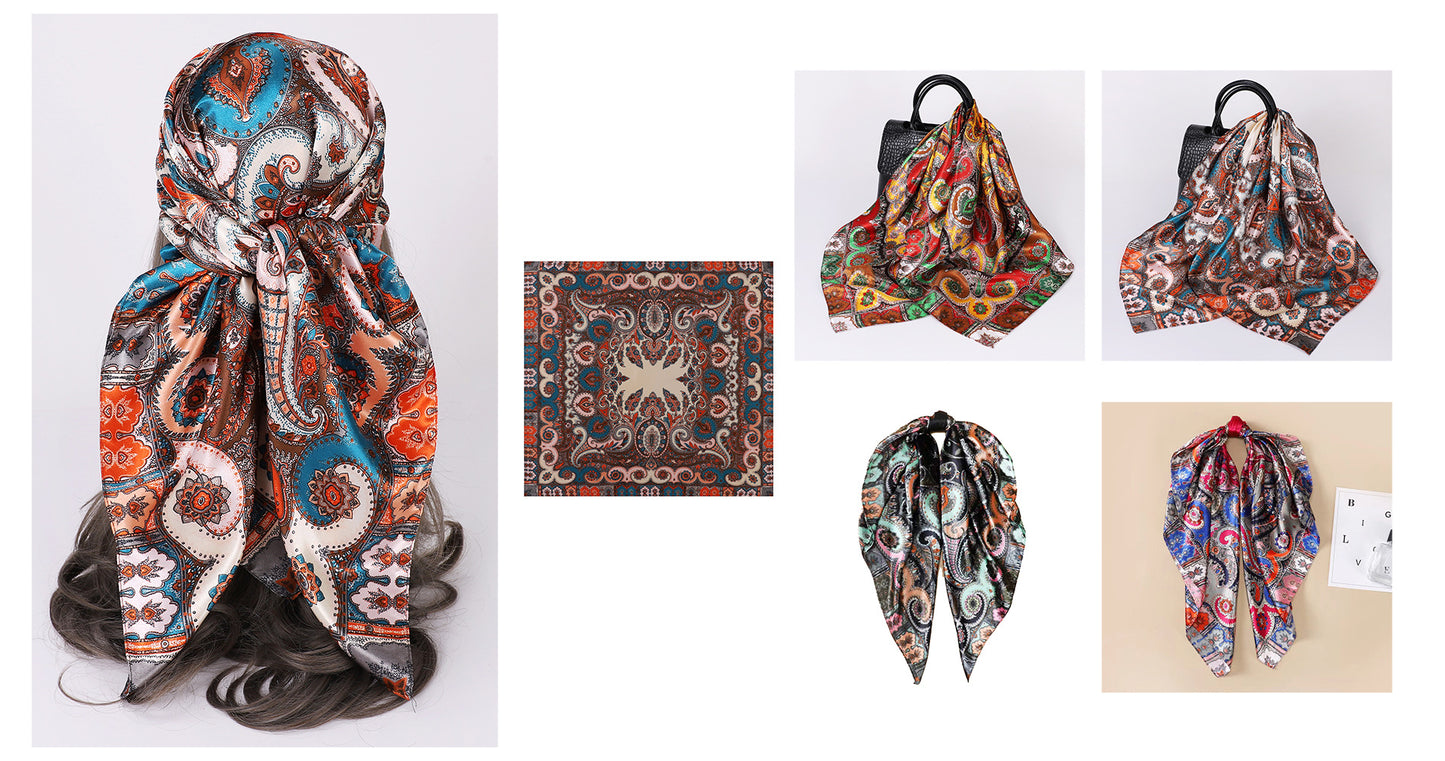 Cashew Print Silk Scarf for Women, European and American Trendy Versatile Shawl, 90cm Square Scarf