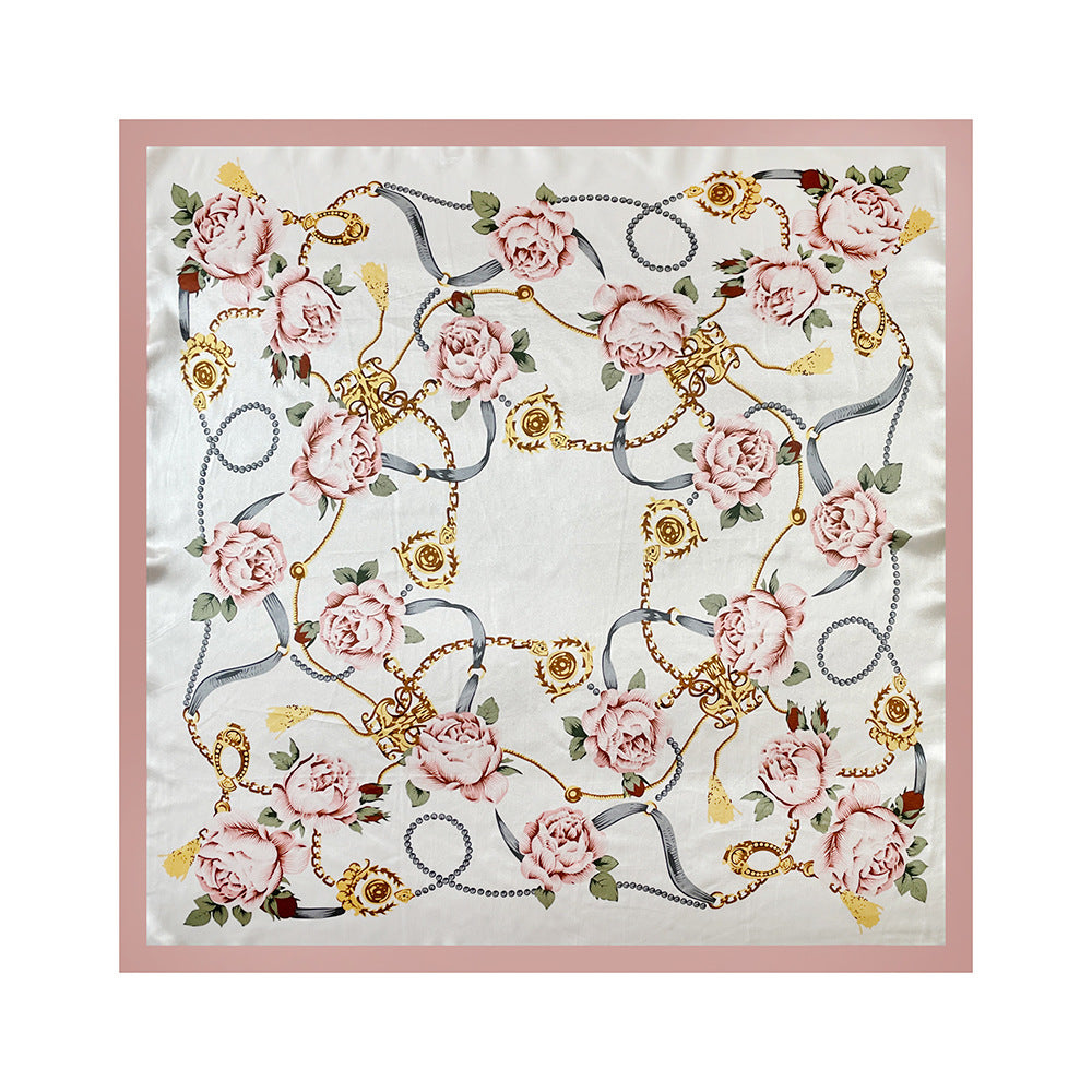 90cm Silk Scarf Wholesale Satin Headscarf Classic Floral Print Large Square Scarf Silk Scarf European and American Women's Cross-Border Shawl