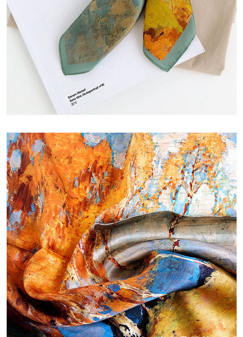 European Retro Oil Painting Floral Print Silk Scarf Small Square Scarf for Women Spring and Autumn Korean Style Mulberry Silk Decorative Small Scarf