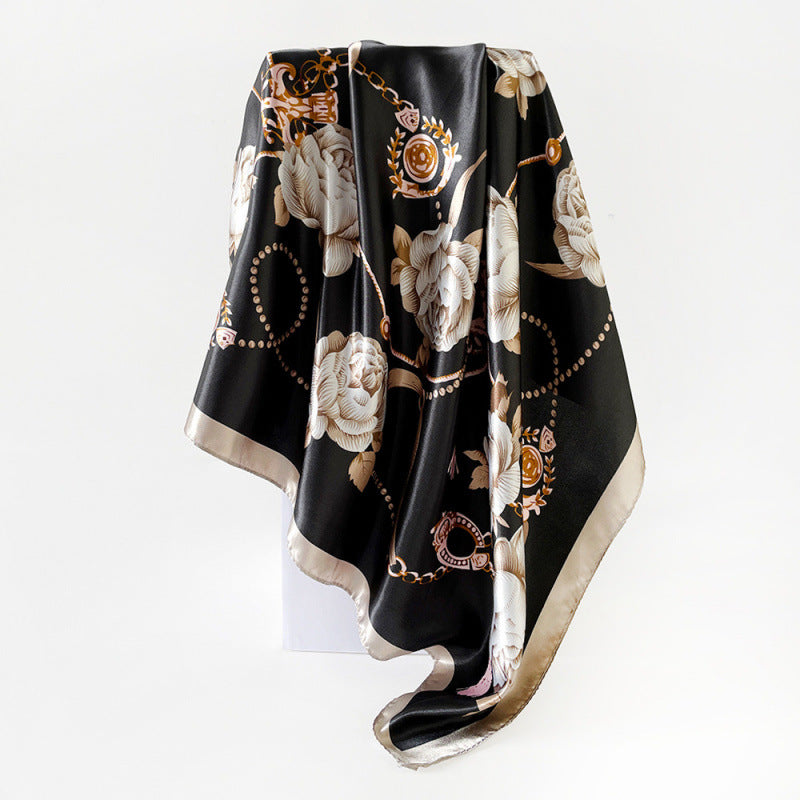 90cm Silk Scarf Wholesale Satin Headscarf Classic Floral Print Large Square Scarf Silk Scarf European and American Women's Cross-Border Shawl