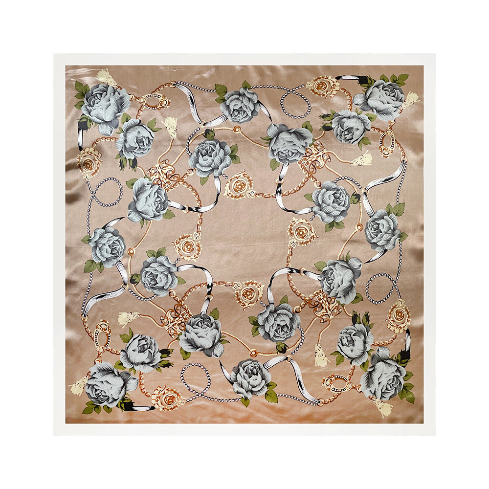 90cm Silk Scarf Wholesale Satin Headscarf Classic Floral Print Large Square Scarf Silk Scarf European and American Women's Cross-Border Shawl