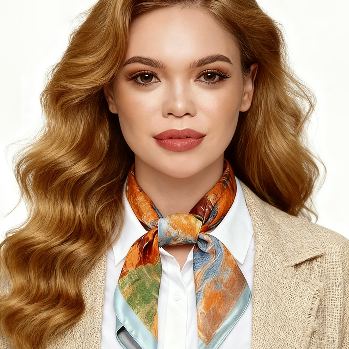 70*70 silk scarf autumn tree oil painting style square silk scarf for woman