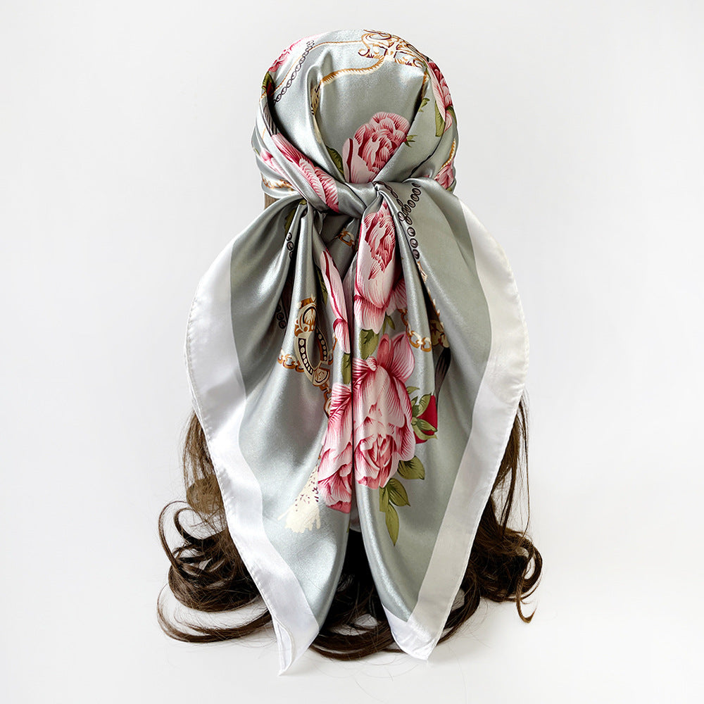 90cm Silk Scarf Wholesale Satin Headscarf Classic Floral Print Large Square Scarf Silk Scarf European and American Women's Cross-Border Shawl