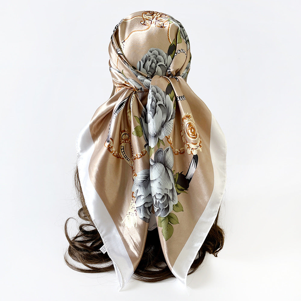 90cm Silk Scarf Wholesale Satin Headscarf Classic Floral Print Large Square Scarf Silk Scarf European and American Women's Cross-Border Shawl