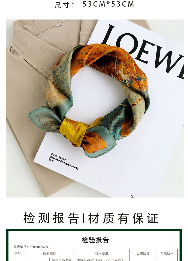 European Retro Oil Painting Floral Print Silk Scarf Small Square Scarf for Women Spring and Autumn Korean Style Mulberry Silk Decorative Small Scarf
