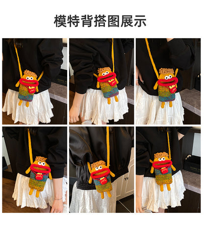 Yarn Crochet Sausage Mouth Phone Bag Finished Handmade Knitted Ugly Cute Crossbody Bag Women's Bag Children's Coin Purse