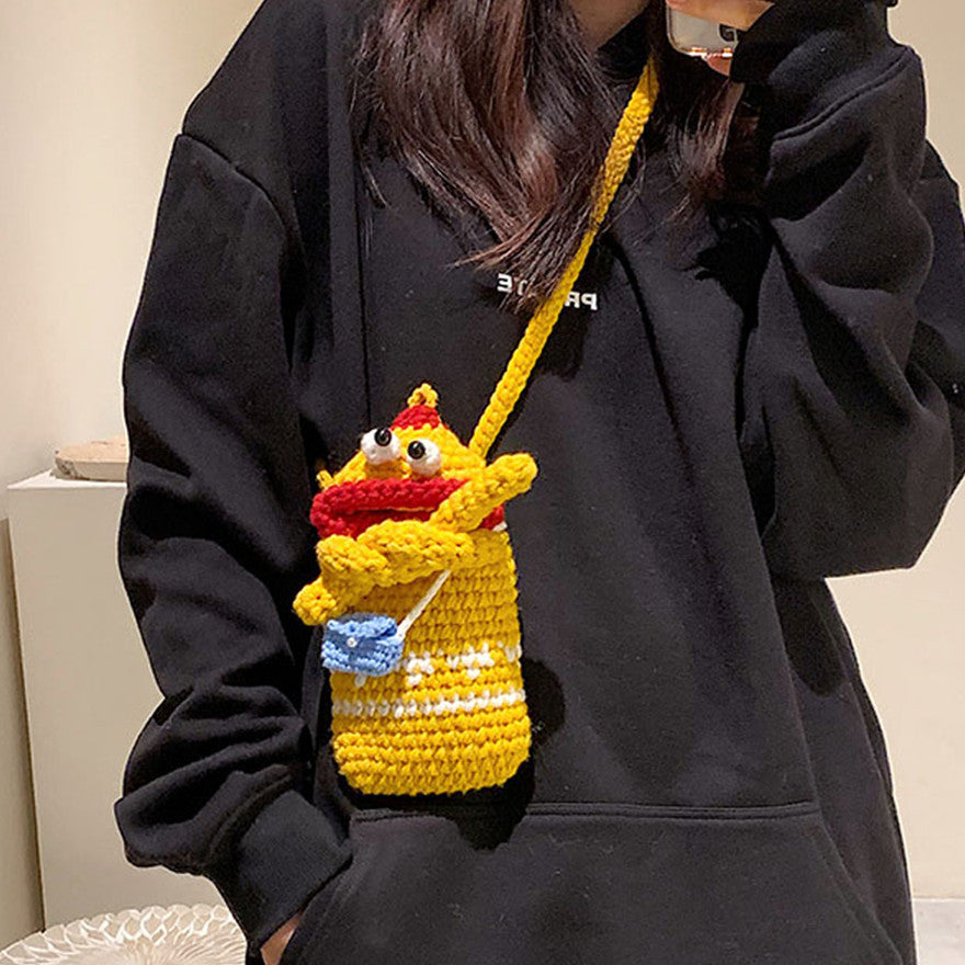 Yarn Crochet Sausage Mouth Phone Bag Finished Handmade Knitted Ugly Cute Crossbody Bag Women's Bag Children's Coin Purse