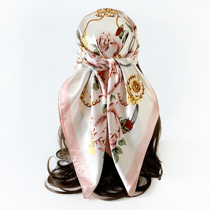 90cm Silk Scarf Wholesale Satin Headscarf Classic Floral Print Large Square Scarf Silk Scarf European and American Women's Cross-Border Shawl
