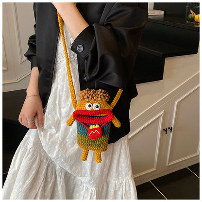 Yarn Crochet Sausage Mouth Phone Bag Finished Handmade Knitted Ugly Cute Crossbody Bag Women's Bag Children's Coin Purse