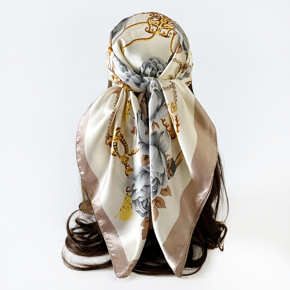 90cm Silk Scarf Wholesale Satin Headscarf Classic Floral Print Large Square Scarf Silk Scarf European and American Women's Cross-Border Shawl