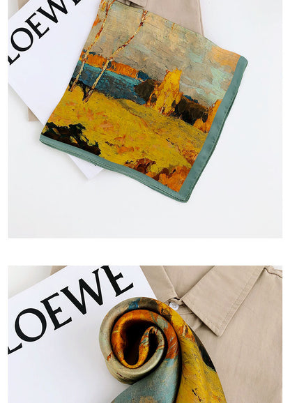 European Retro Oil Painting Floral Print Silk Scarf Small Square Scarf for Women Spring and Autumn Korean Style Mulberry Silk Decorative Small Scarf
