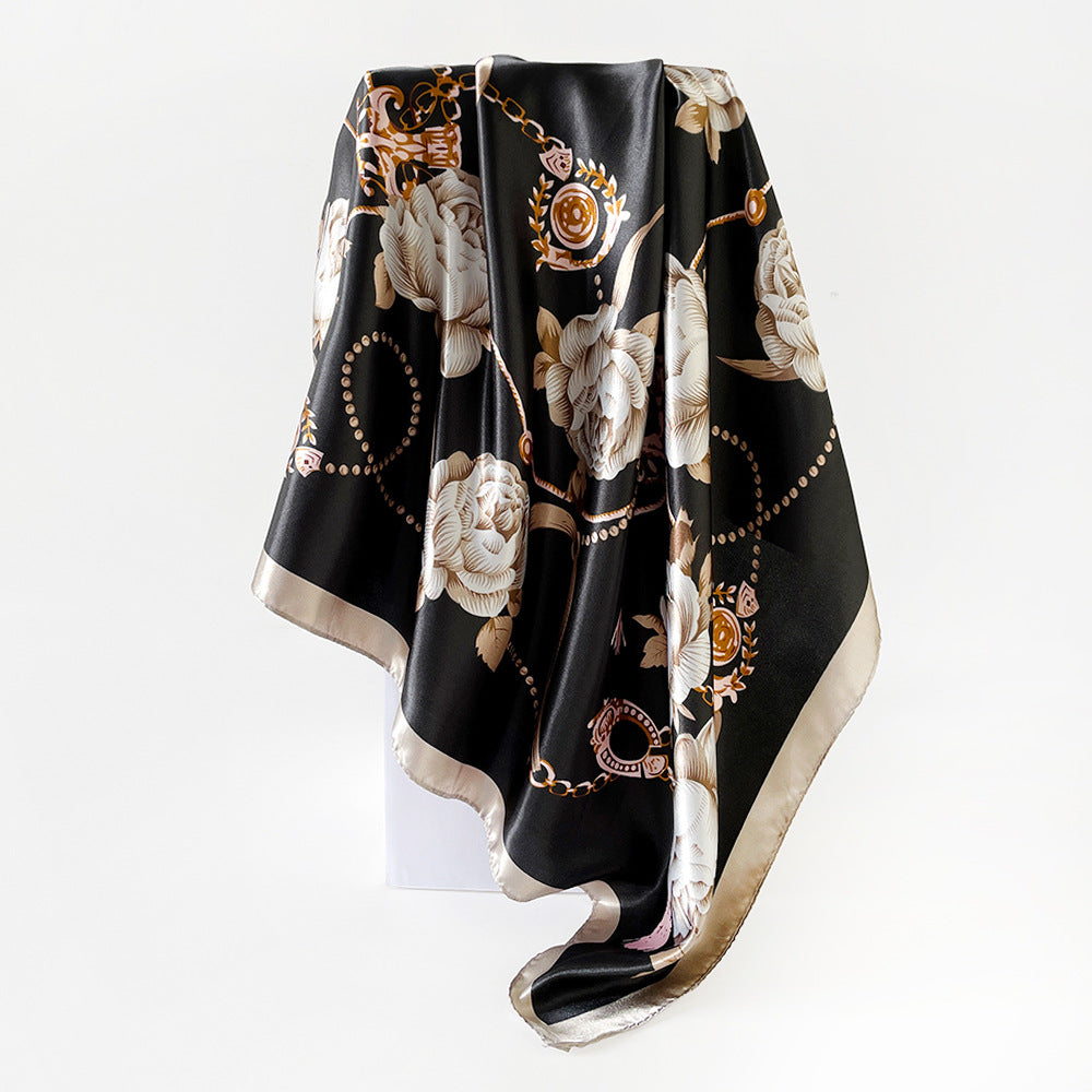 90cm Silk Scarf Wholesale Satin Headscarf Classic Floral Print Large Square Scarf Silk Scarf European and American Women's Cross-Border Shawl