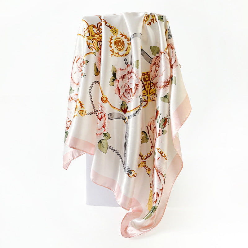90cm Silk Scarf Wholesale Satin Headscarf Classic Floral Print Large Square Scarf Silk Scarf European and American Women's Cross-Border Shawl