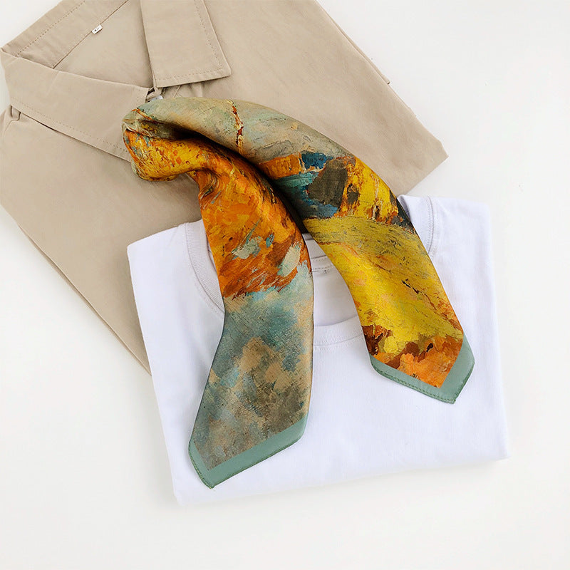 European Retro Oil Painting Floral Print Silk Scarf Small Square Scarf for Women Spring and Autumn Korean Style Mulberry Silk Decorative Small Scarf