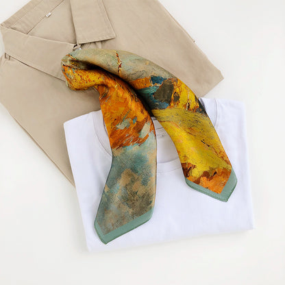 European Retro Oil Painting Floral Print Silk Scarf Small Square Scarf for Women Spring and Autumn Korean Style Mulberry Silk Decorative Small Scarf