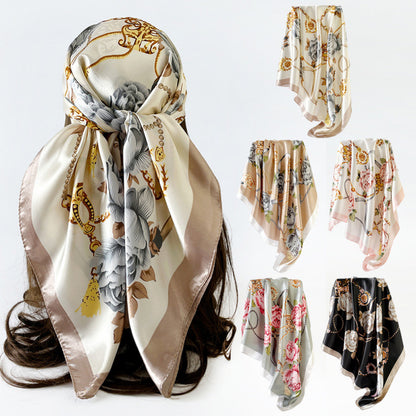 90cm Silk Scarf Wholesale Satin Headscarf Classic Floral Print Large Square Scarf Silk Scarf European and American Women's Cross-Border Shawl