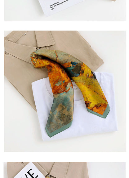European Retro Oil Painting Floral Print Silk Scarf Small Square Scarf for Women Spring and Autumn Korean Style Mulberry Silk Decorative Small Scarf