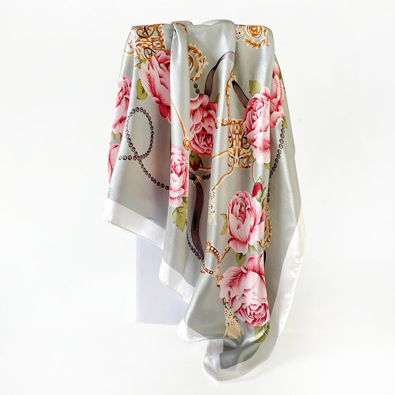 90cm Silk Scarf Wholesale Satin Headscarf Classic Floral Print Large Square Scarf Silk Scarf European and American Women's Cross-Border Shawl