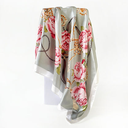 90cm Silk Scarf Wholesale Satin Headscarf Classic Floral Print Large Square Scarf Silk Scarf European and American Women's Cross-Border Shawl