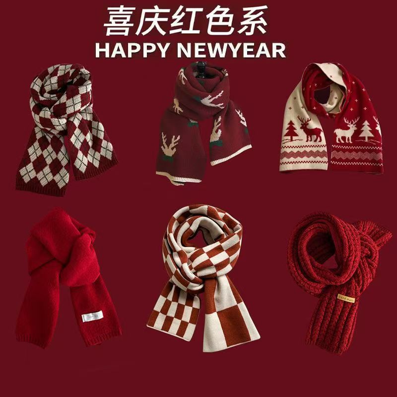 New Christmas Scarf for Women, Versatile, Brightening, Imitation Cashmere Reindeer Scarf, New Year Red Scarf