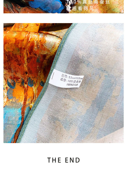 European Retro Oil Painting Floral Print Silk Scarf Small Square Scarf for Women Spring and Autumn Korean Style Mulberry Silk Decorative Small Scarf