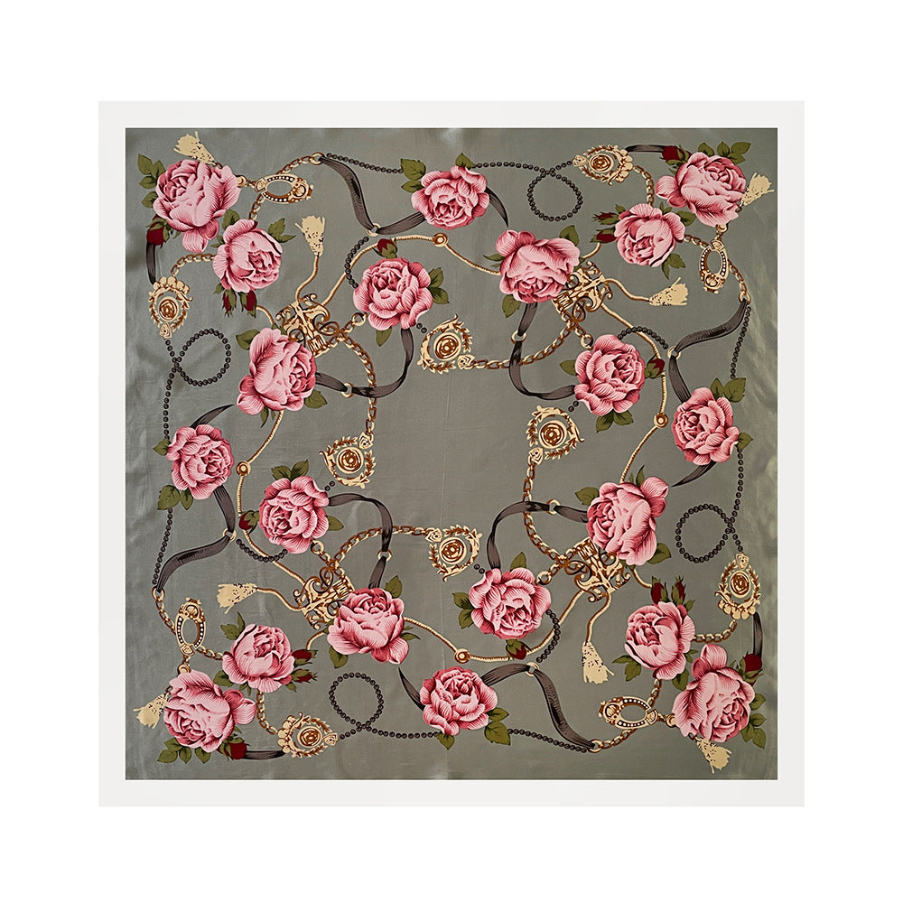 90cm Silk Scarf Wholesale Satin Headscarf Classic Floral Print Large Square Scarf Silk Scarf European and American Women's Cross-Border Shawl