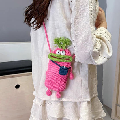 Yarn Crochet Sausage Mouth Phone Bag Finished Handmade Knitted Ugly Cute Crossbody Bag Women's Bag Children's Coin Purse