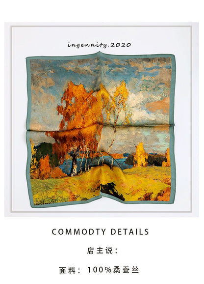 European Retro Oil Painting Floral Print Silk Scarf Small Square Scarf for Women Spring and Autumn Korean Style Mulberry Silk Decorative Small Scarf