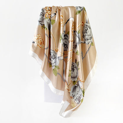 90cm Silk Scarf Wholesale Satin Headscarf Classic Floral Print Large Square Scarf Silk Scarf European and American Women's Cross-Border Shawl