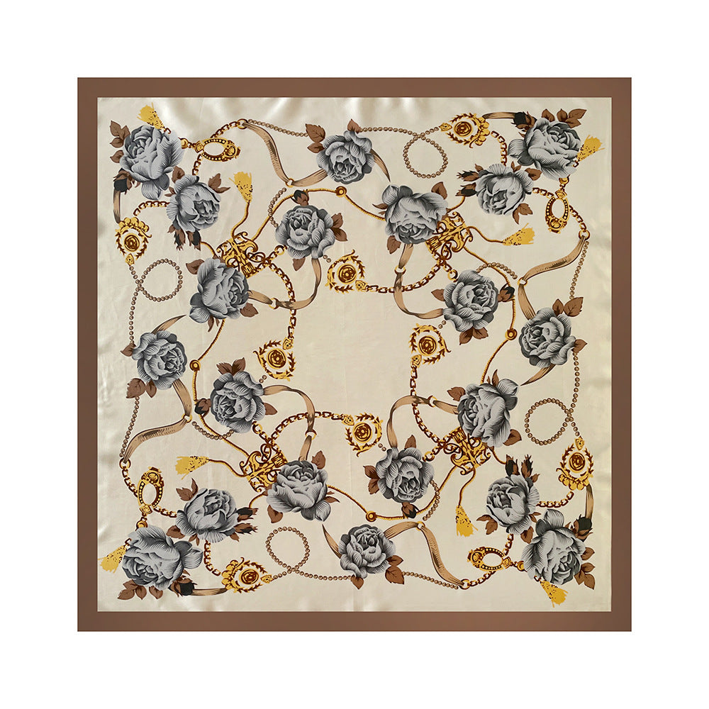 90cm Silk Scarf Wholesale Satin Headscarf Classic Floral Print Large Square Scarf Silk Scarf European and American Women's Cross-Border Shawl