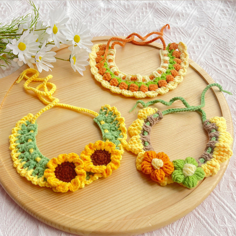 25 Spring Pet Knitted Scarf Cat Flower Woven Collar Dog Yarn Drool Towel Cute Orange Decoration