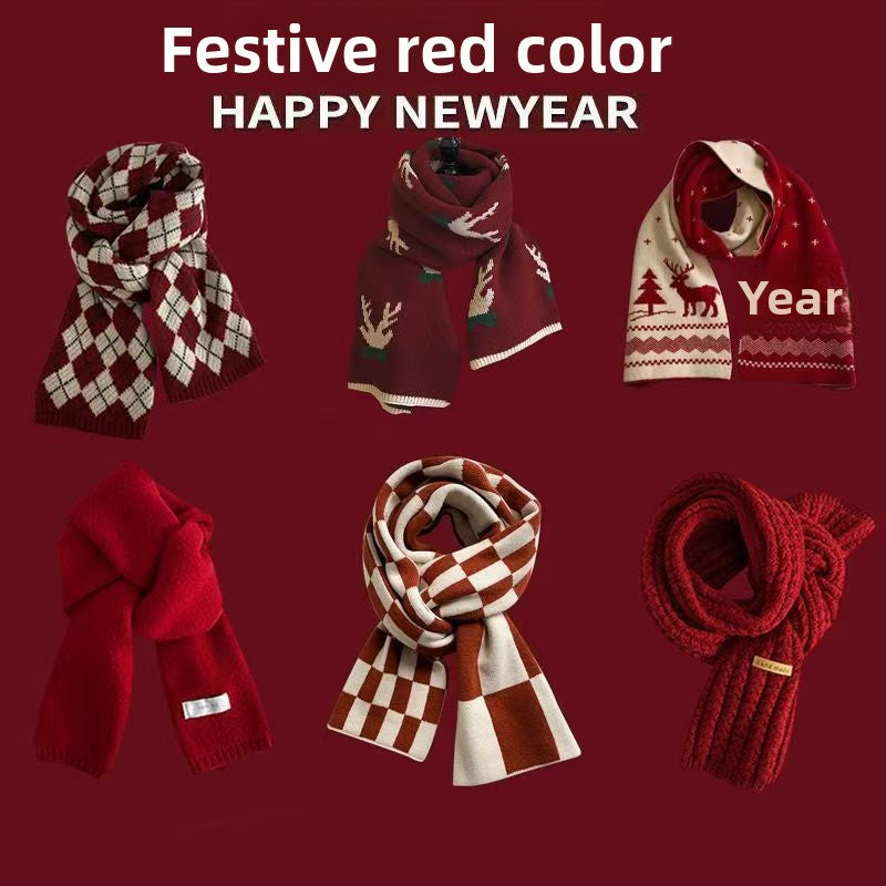 New Christmas Scarf for Women, Versatile, Brightening, Imitation Cashmere Reindeer Scarf, New Year Red Scarf