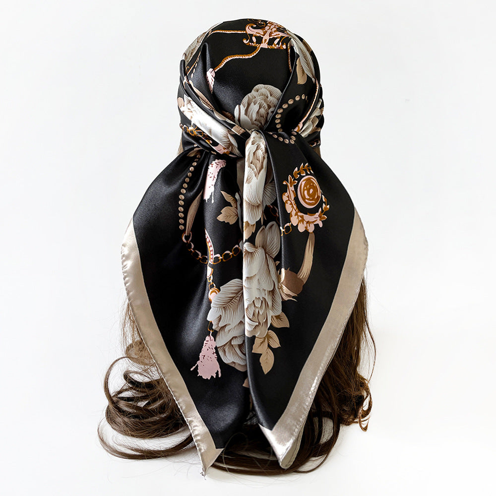 90cm Silk Scarf Wholesale Satin Headscarf Classic Floral Print Large Square Scarf Silk Scarf European and American Women's Cross-Border Shawl