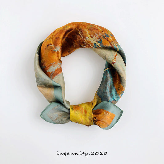 European Retro Oil Painting Floral Print Silk Scarf Small Square Scarf for Women Spring and Autumn Korean Style Mulberry Silk Decorative Small Scarf