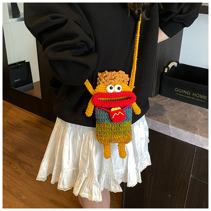 Yarn Crochet Sausage Mouth Phone Bag Finished Handmade Knitted Ugly Cute Crossbody Bag Women's Bag Children's Coin Purse