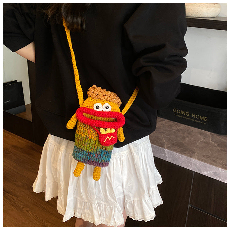 Yarn Crochet Sausage Mouth Phone Bag Finished Handmade Knitted Ugly Cute Crossbody Bag Women's Bag Children's Coin Purse