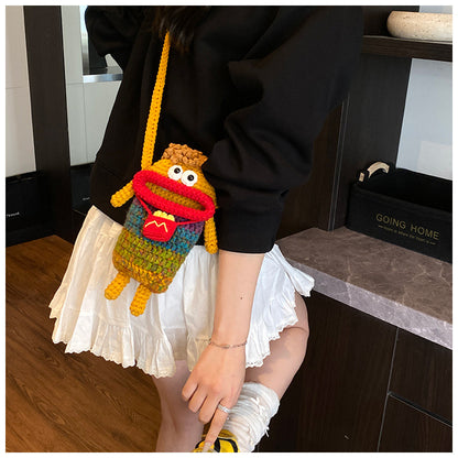 Yarn Crochet Sausage Mouth Phone Bag Finished Handmade Knitted Ugly Cute Crossbody Bag Women's Bag Children's Coin Purse
