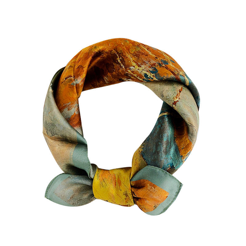 European Retro Oil Painting Floral Print Silk Scarf Small Square Scarf for Women Spring and Autumn Korean Style Mulberry Silk Decorative Small Scarf