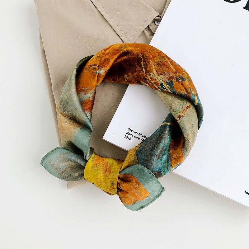 European Retro Oil Painting Floral Print Silk Scarf Small Square Scarf for Women Spring and Autumn Korean Style Mulberry Silk Decorative Small Scarf