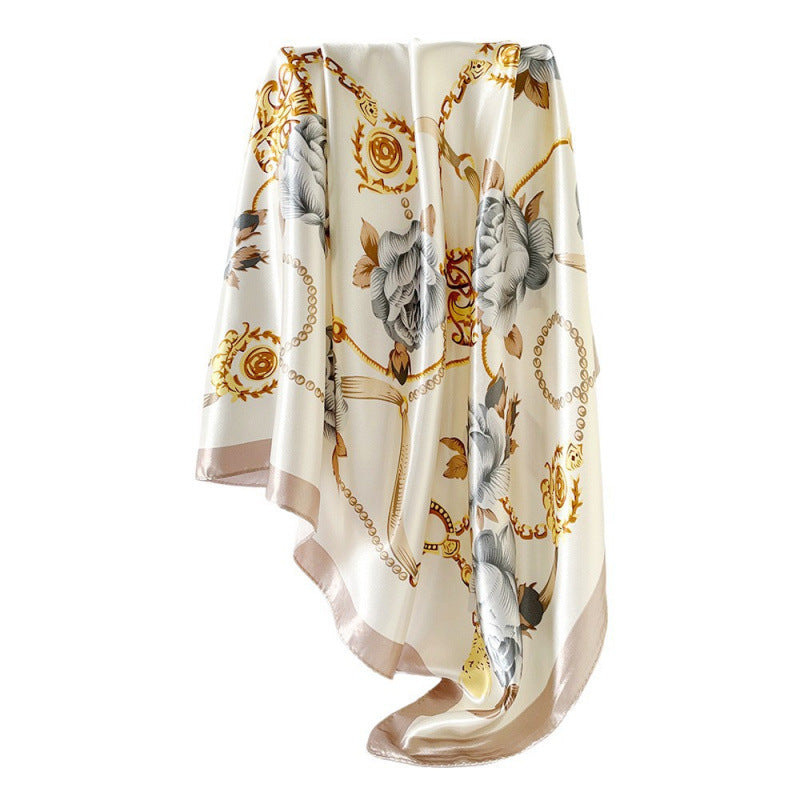 90cm Silk Scarf Wholesale Satin Headscarf Classic Floral Print Large Square Scarf Silk Scarf European and American Women's Cross-Border Shawl