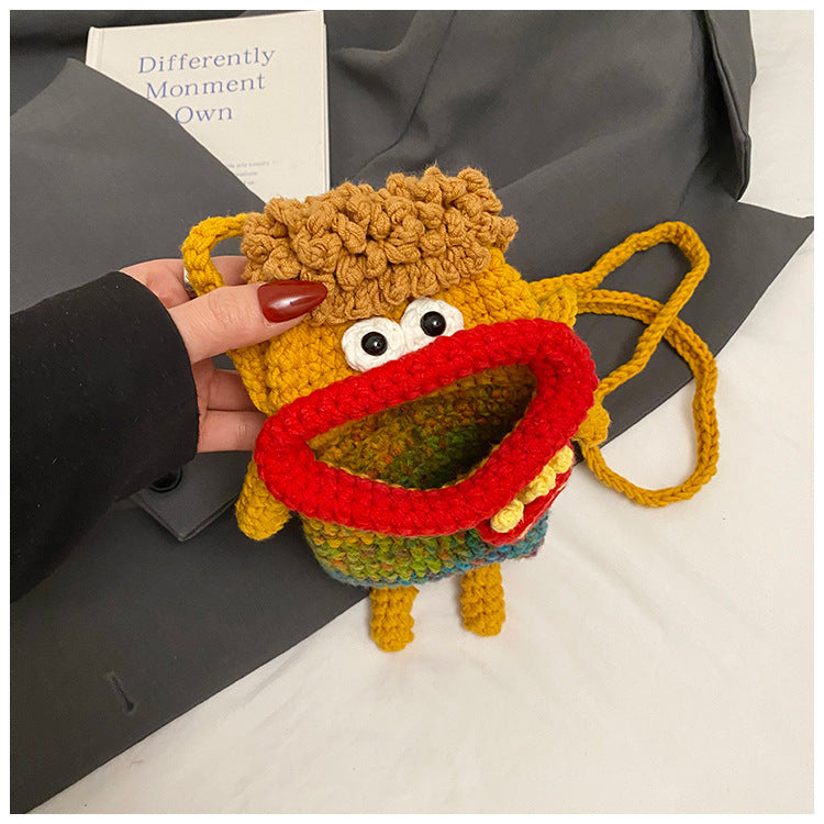 Yarn Crochet Sausage Mouth Phone Bag Finished Handmade Knitted Ugly Cute Crossbody Bag Women's Bag Children's Coin Purse