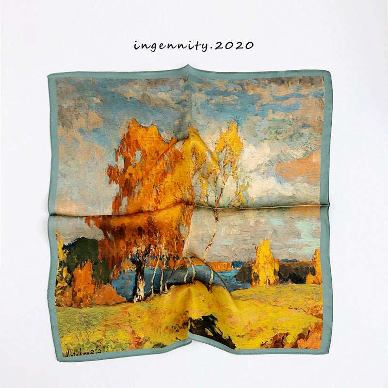 European Retro Oil Painting Floral Print Silk Scarf Small Square Scarf for Women Spring and Autumn Korean Style Mulberry Silk Decorative Small Scarf