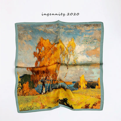 European Retro Oil Painting Floral Print Silk Scarf Small Square Scarf for Women Spring and Autumn Korean Style Mulberry Silk Decorative Small Scarf