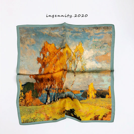 European Retro Oil Painting Floral Print Silk Scarf Small Square Scarf for Women Spring and Autumn Korean Style Mulberry Silk Decorative Small Scarf