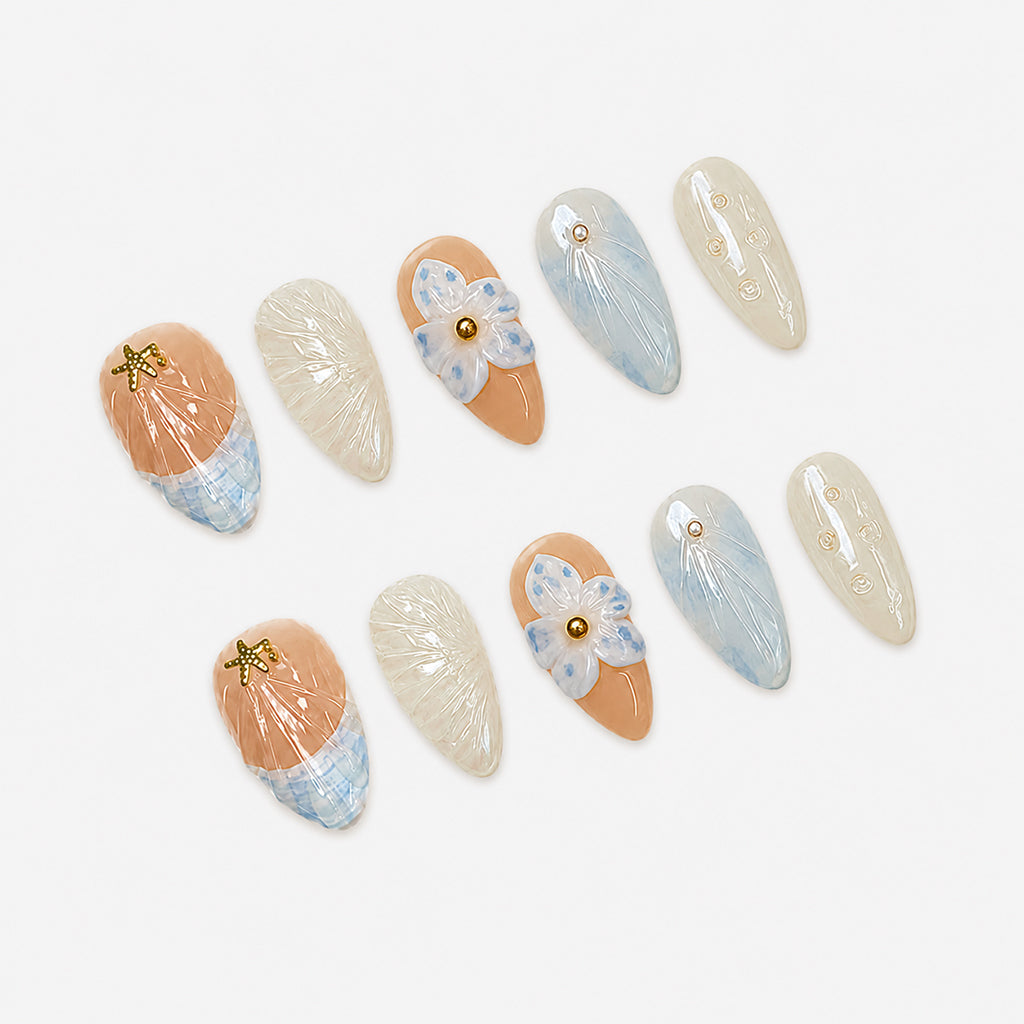 Summer Beach Starfish Shell Nails- Short Almond Nails