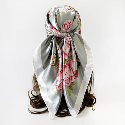 90cm Silk Scarf Wholesale Satin Headscarf Classic Floral Print Large Square Scarf Silk Scarf European and American Women's Cross-Border Shawl
