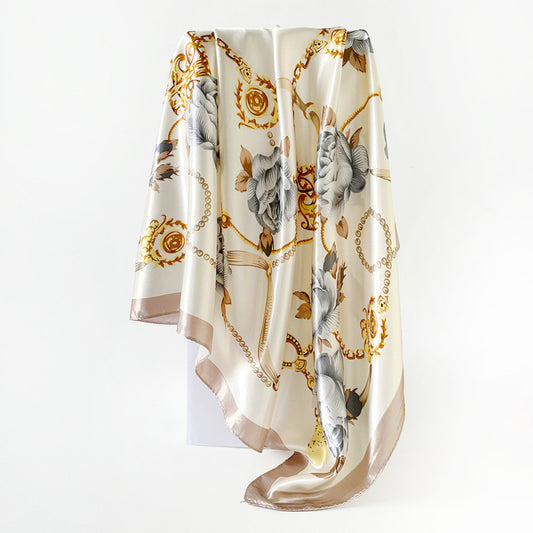 90cm Silk Scarf Wholesale Satin Headscarf Classic Floral Print Large Square Scarf Silk Scarf European and American Women's Cross-Border Shawl
