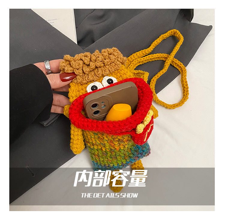 Yarn Crochet Sausage Mouth Phone Bag Finished Handmade Knitted Ugly Cute Crossbody Bag Women's Bag Children's Coin Purse