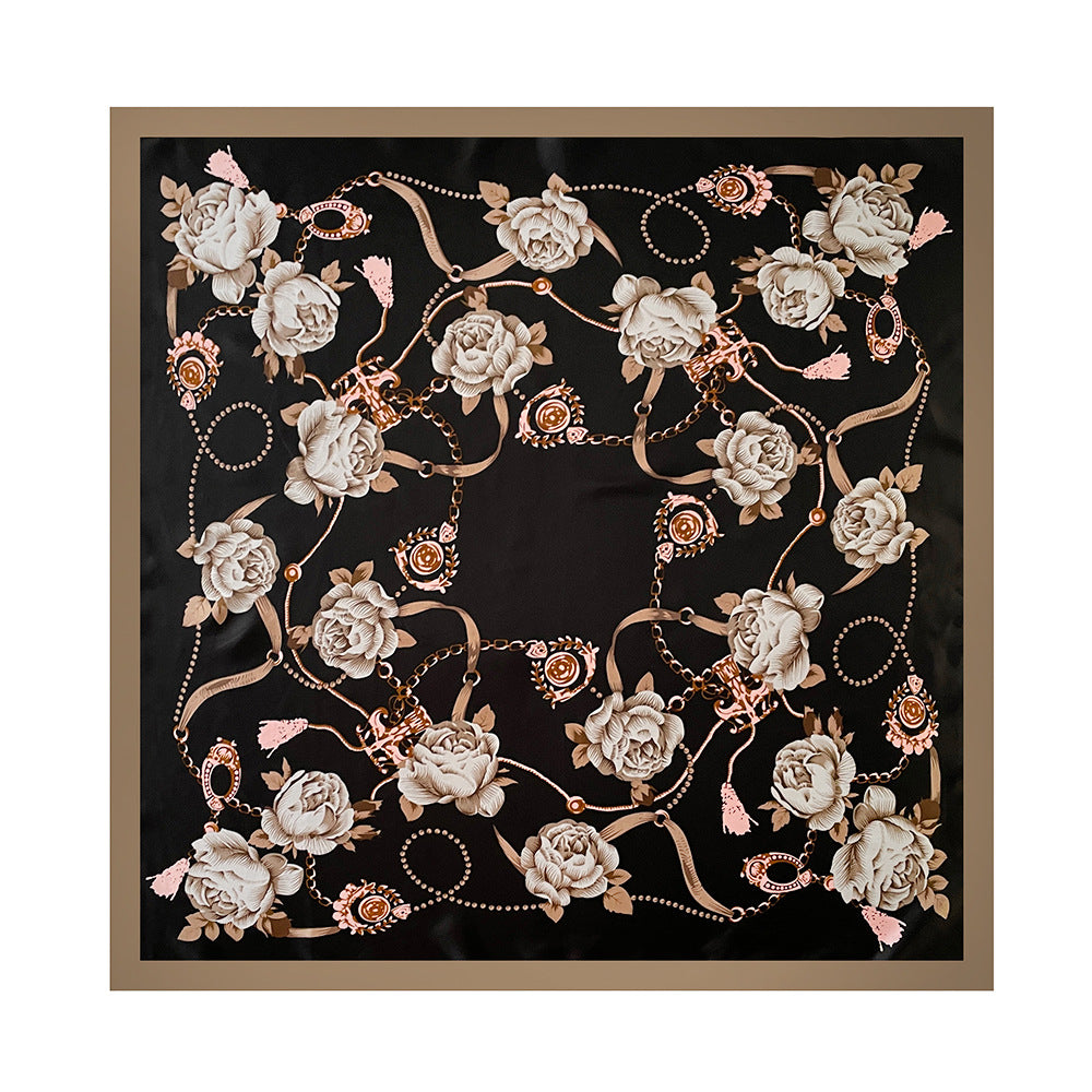 90cm Silk Scarf Wholesale Satin Headscarf Classic Floral Print Large Square Scarf Silk Scarf European and American Women's Cross-Border Shawl