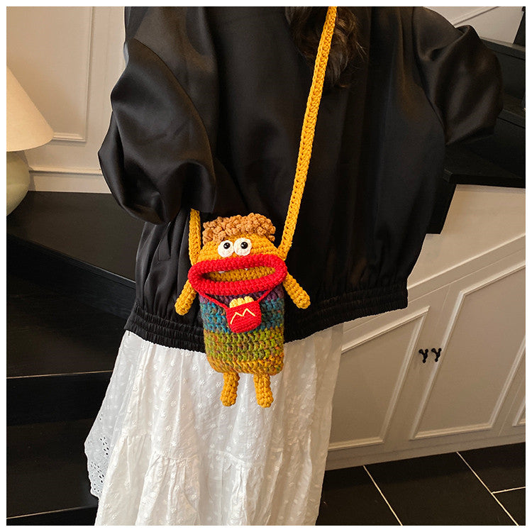 Yarn Crochet Sausage Mouth Phone Bag Finished Handmade Knitted Ugly Cute Crossbody Bag Women's Bag Children's Coin Purse